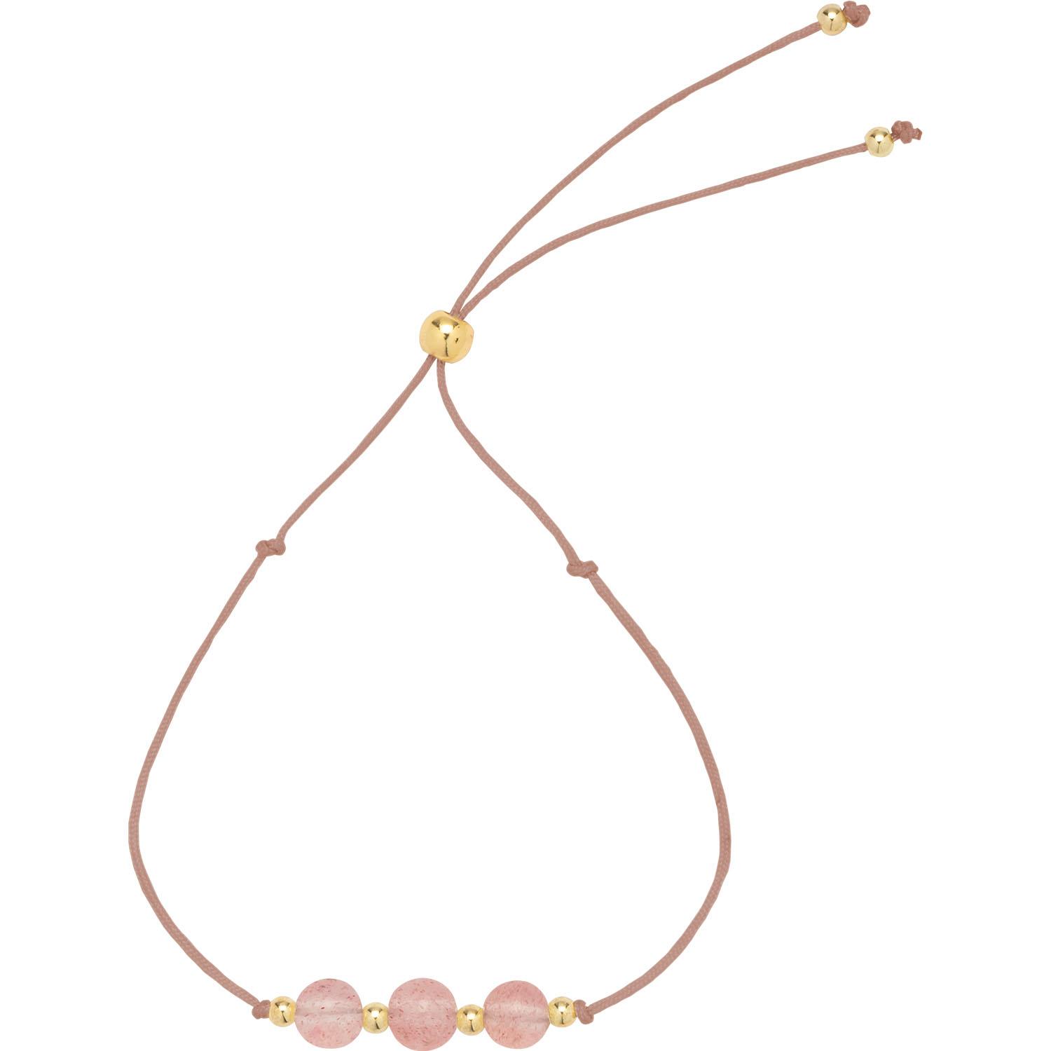 Armband aus Rosenquarz-Halbedelsteinen mit goldenen Akzentperlen auf rosafarbener Schnur.