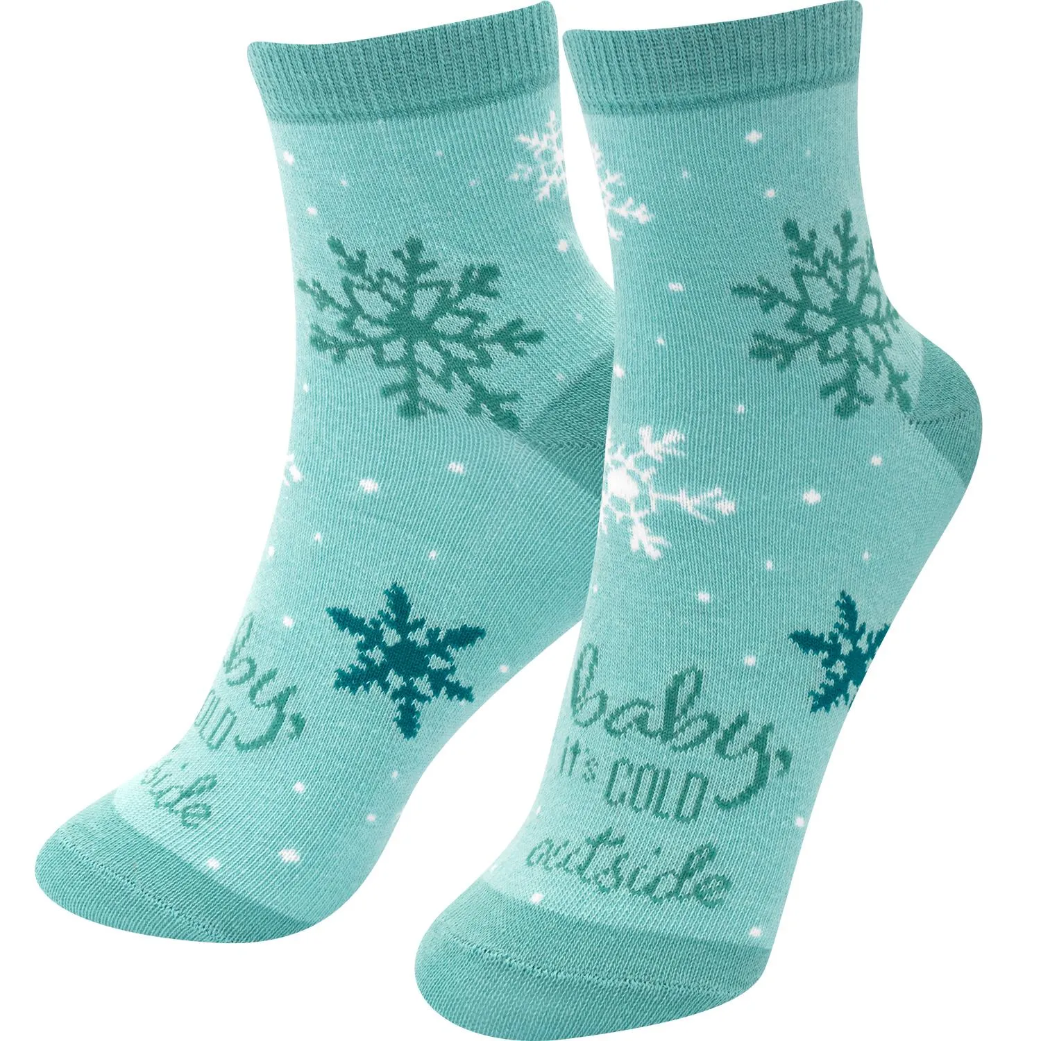 Türkisfarbene Zaubersocken mit Schneeflocken-Motiv und Slogan 'Baby, it's cold outside', Größe 36-40
