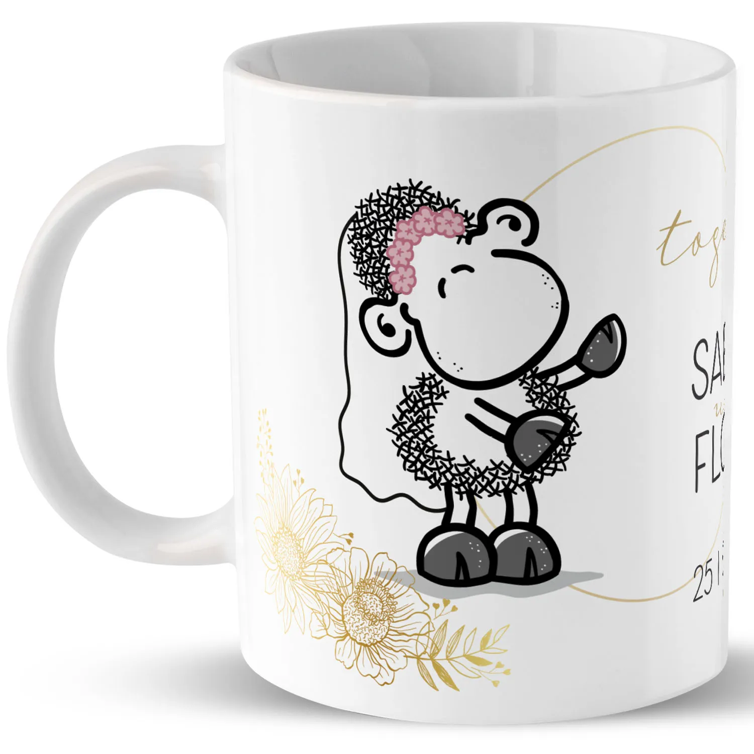 Weiße Porzellan-Tasse mit Schaf-Illustration und goldenen Akzenten, personalisierbar mit Namen und Datum