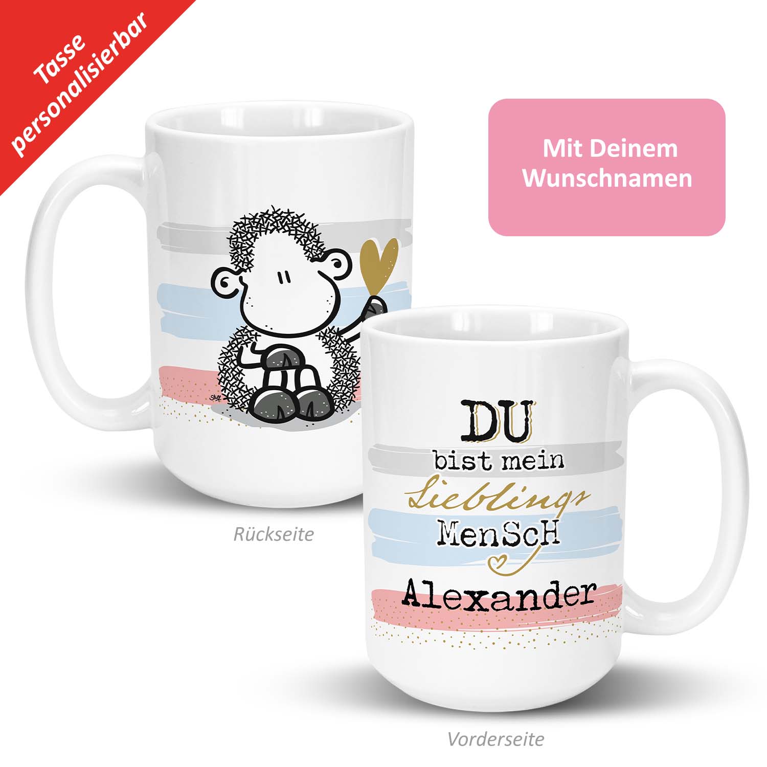Personalisierte Keramik-Tasse mit Schaf-Motiv und Wunschname Alexander, weiß, Pastellstreifen.