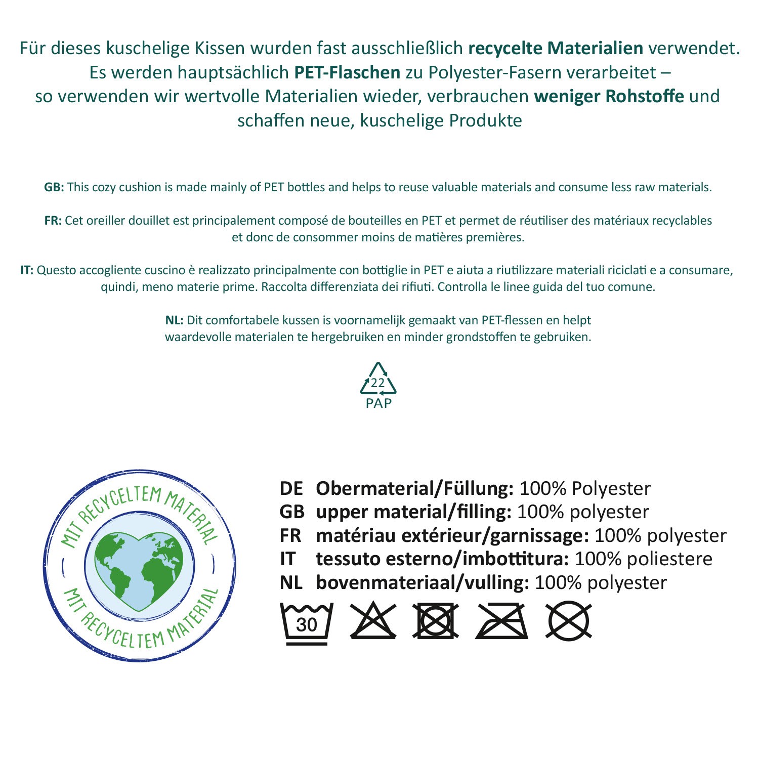 Herzförmiges Plüschkissen aus recyceltem Polyester mit SheepWorld-Design und Spruch ‚Schön, dass es Dich gibt!‘