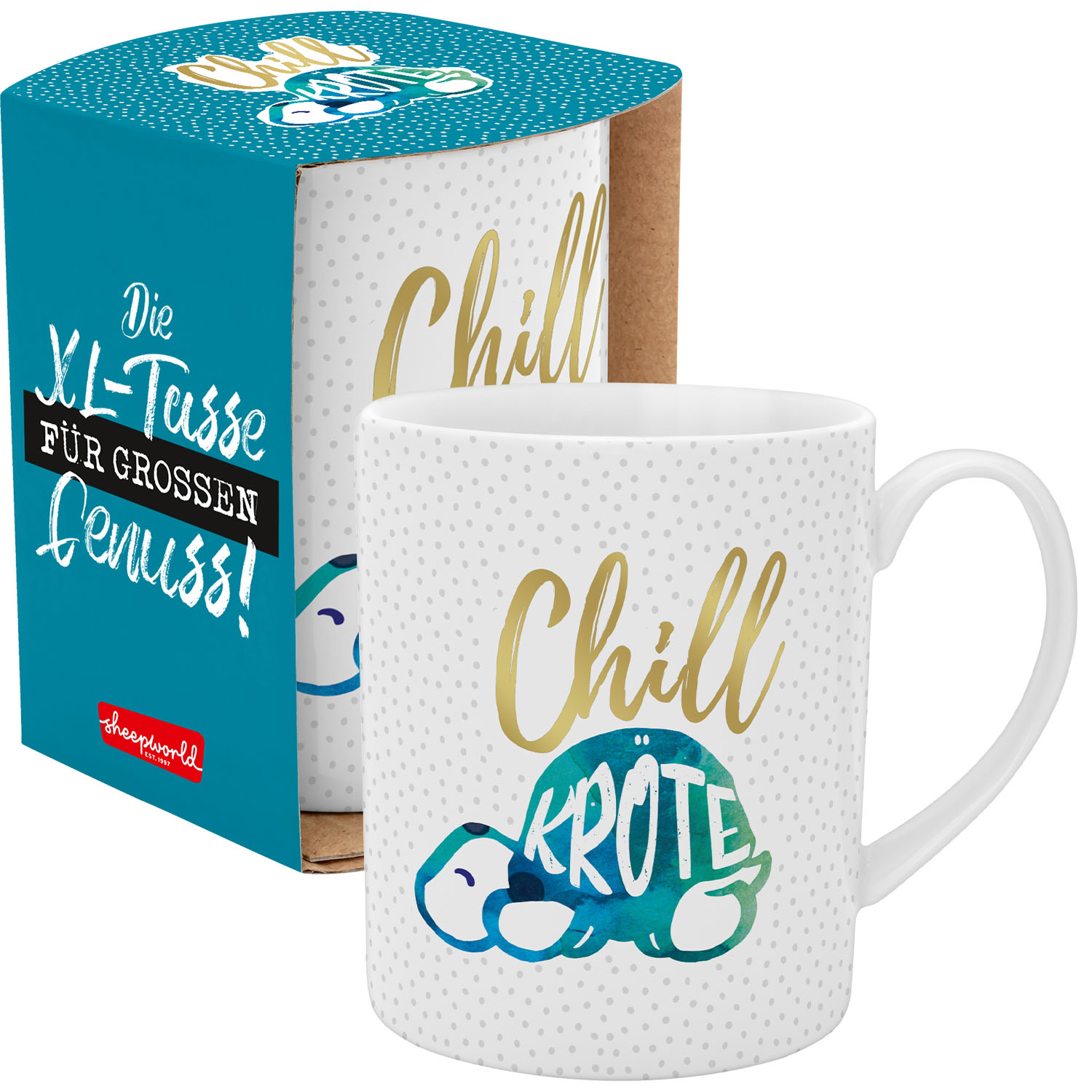 XL-Tasse »Chillkröte« – weiße Porzellan-Tasse mit grauen Punkten und Goldschrift, 600 ml