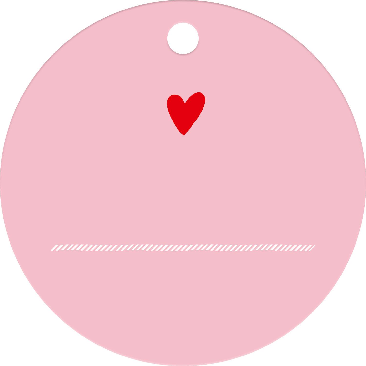 Runder pinker Geschenk-Anhänger mit rotem Herz und Loch zum Aufhängen.