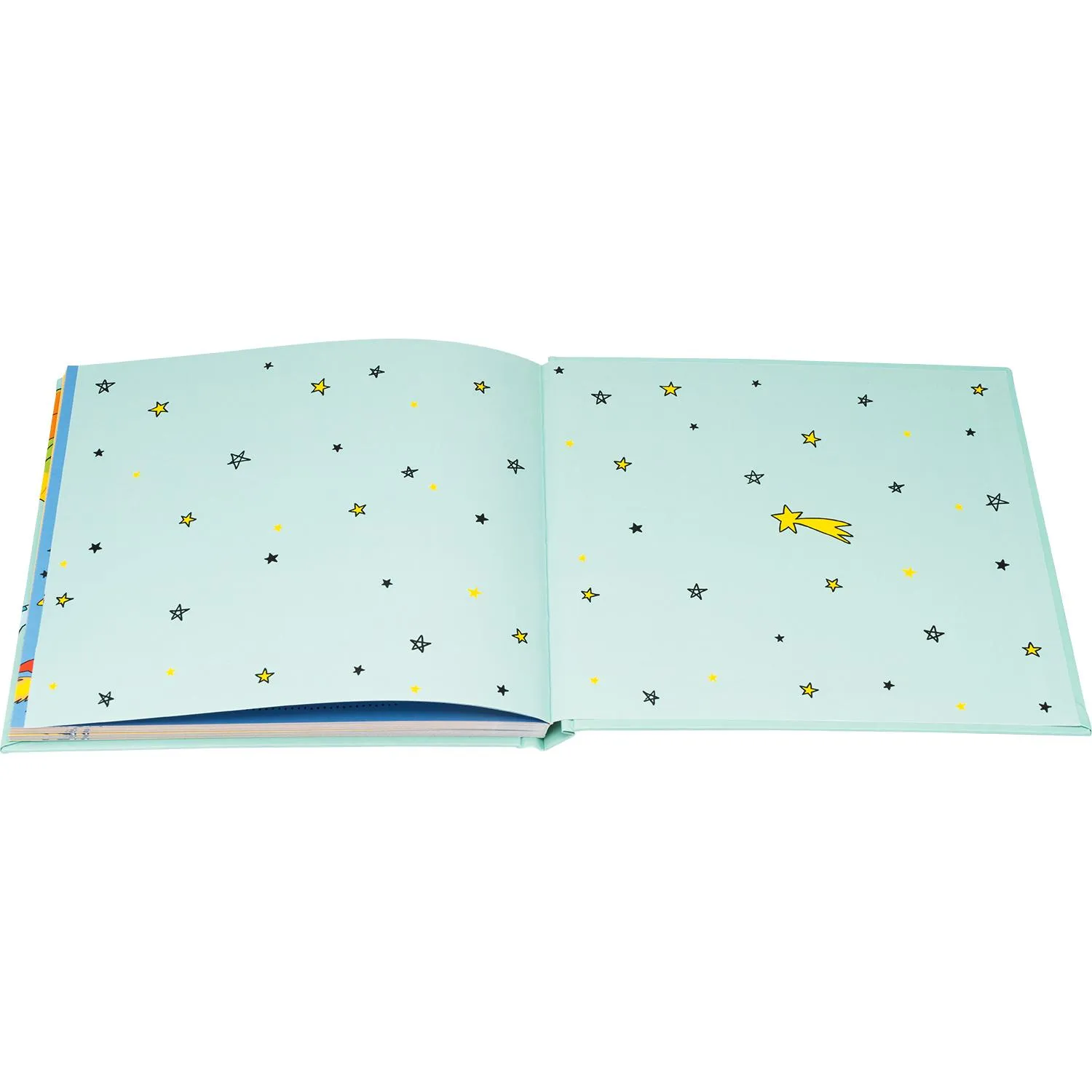 Aufgeschlagenes Freundebuch mit mintfarbenen Seiten und Sternmotiven