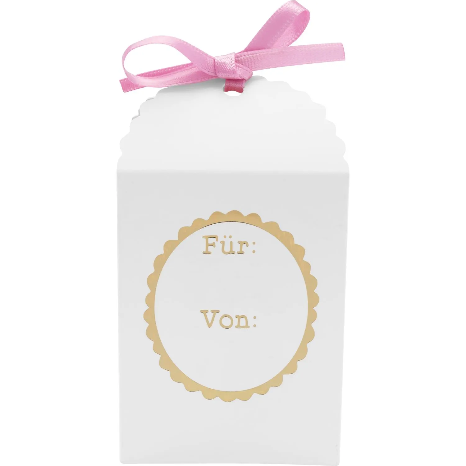Weiße Geschenkbox mit rosa Schleife und goldenem Für/Von-Etikett