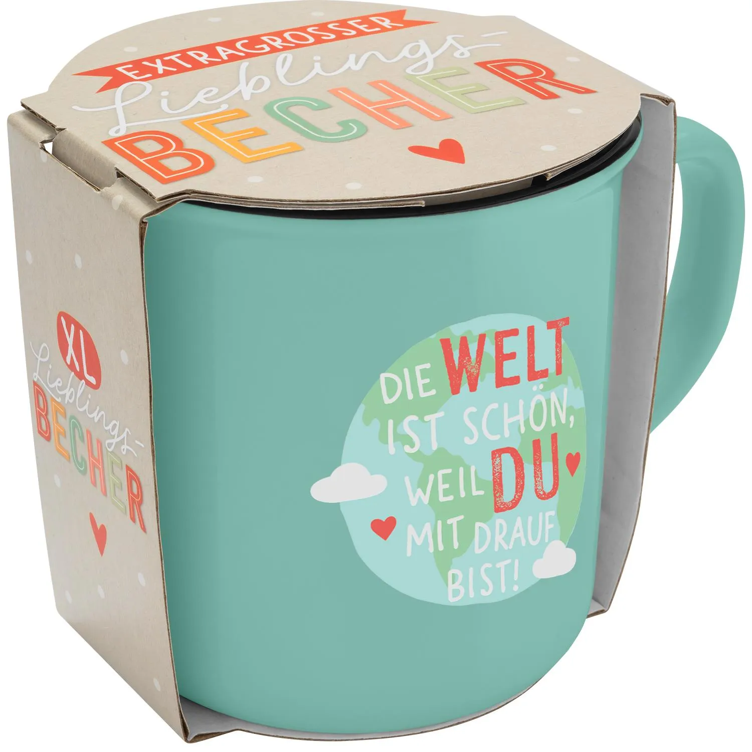 XL-Lieblingsbecher aus Türkis mit Globus-Motiv und Spruch.