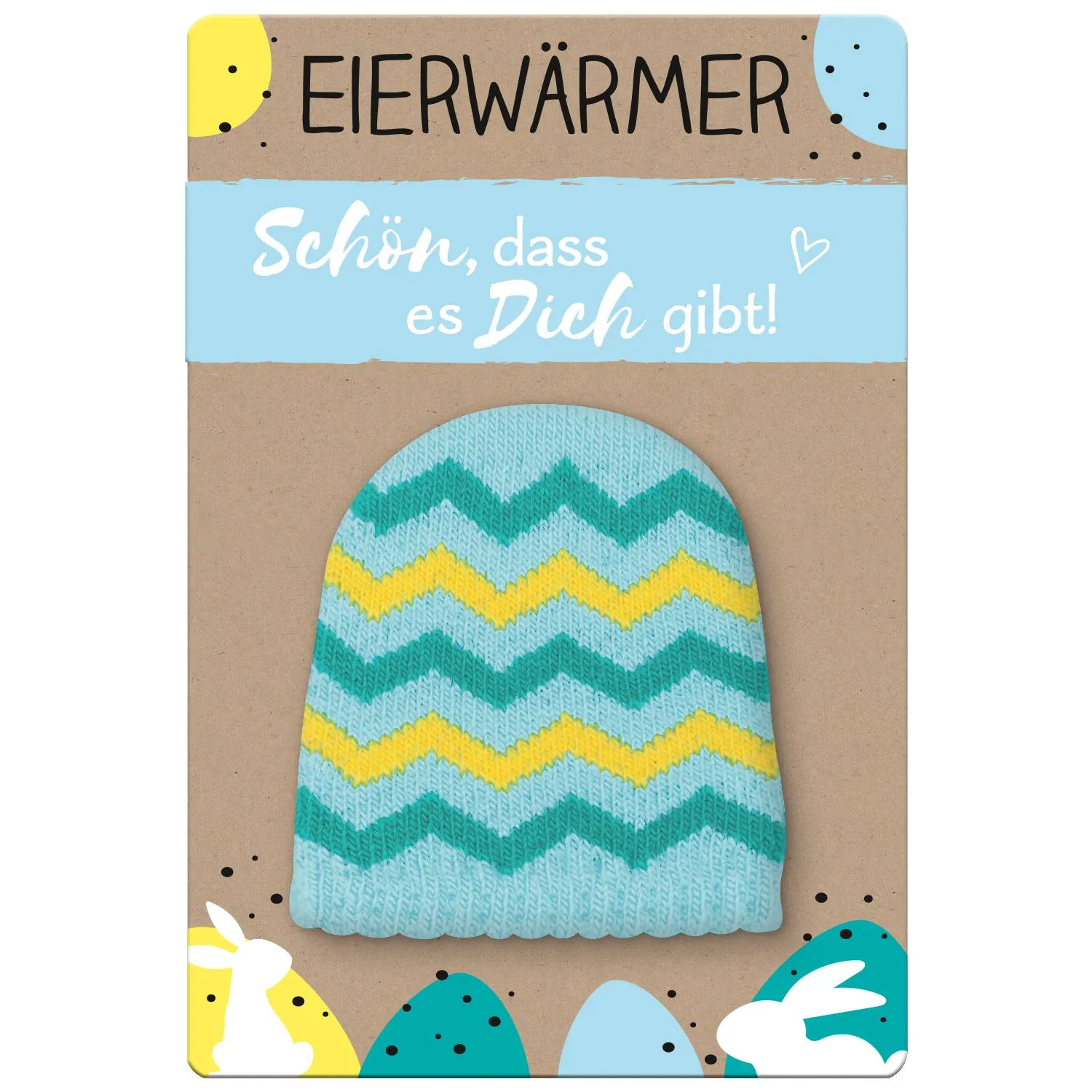 Flauschiger Eierwärmer mit pastellblauem Zickzackmuster in Gelb und Türkis.