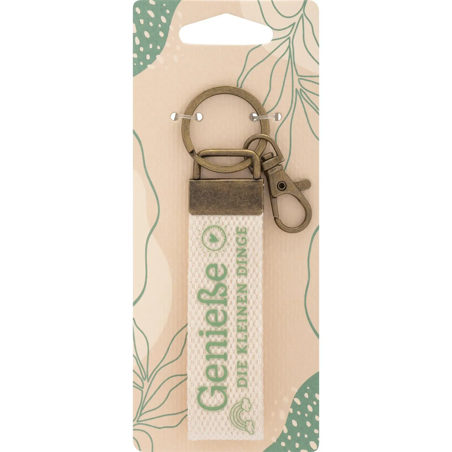 Naturfarbener Canvas-Schlüsselanhänger mit Messingring und Schriftzug Genieße die kleinen Dinge