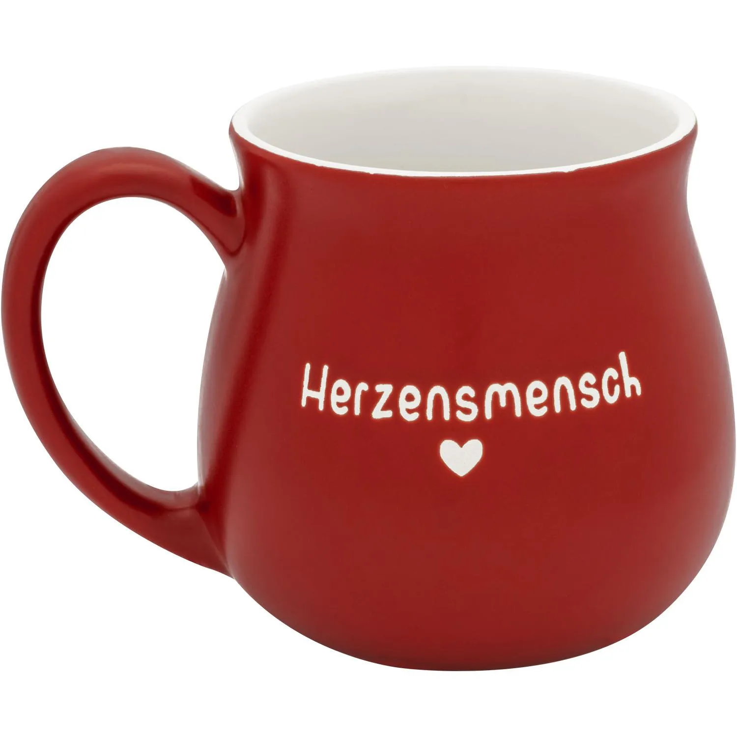 Rote bauchige Steinzeug-Tasse mit weißem Innenraum und Schriftzug Herzensmensch