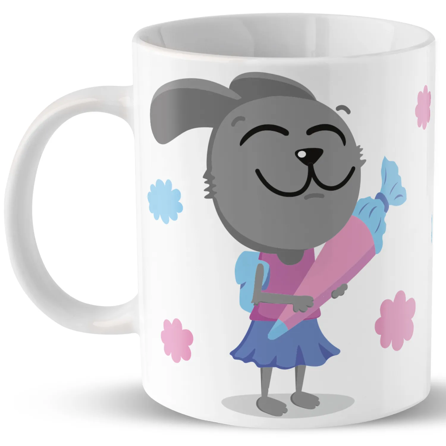 Weiße Porzellan-Tasse mit grauem Hund-Motiv, rosa Bleistift und Pastellblumen
