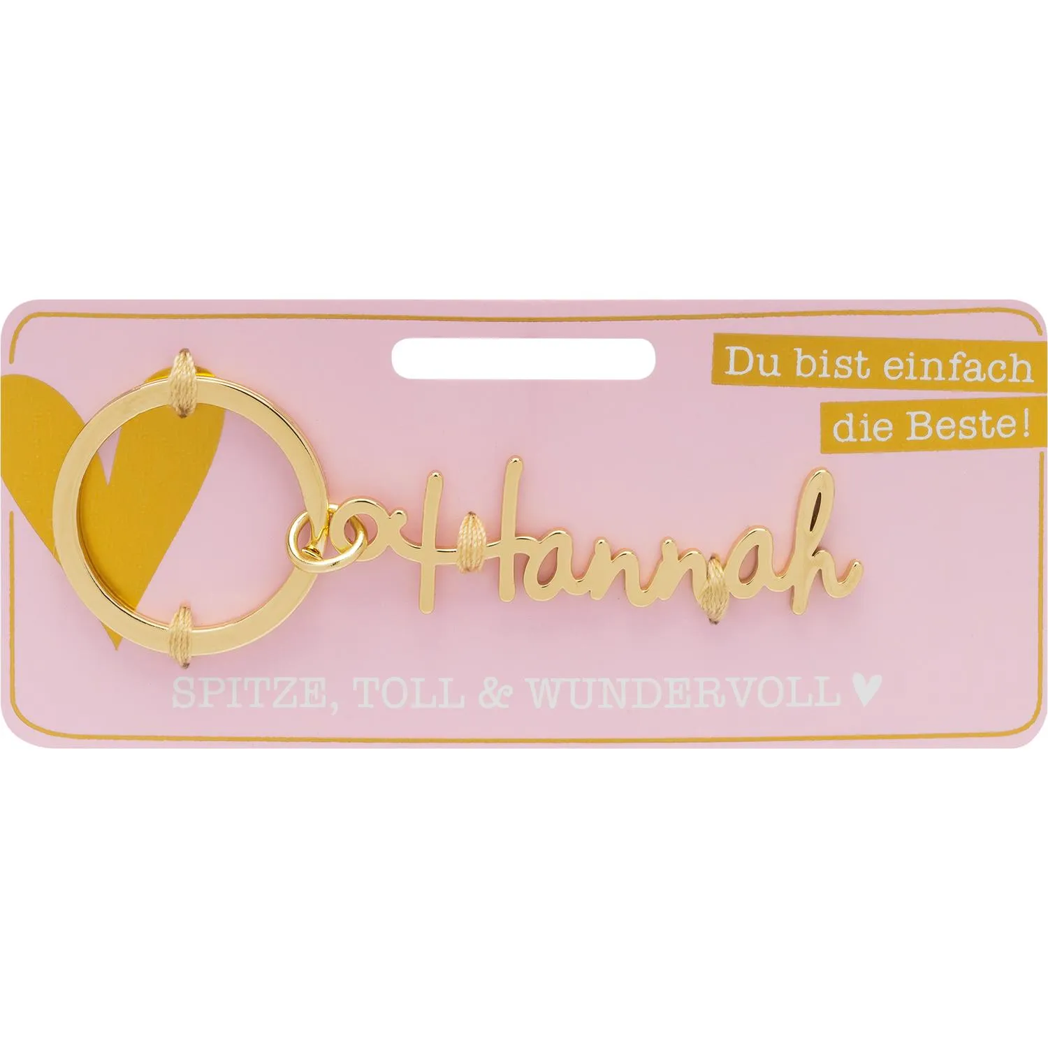 Namens-Schlüsselanhänger Hannah in Gold aus Edelstahl, inkl. Schlüsselring, auf pastellpinkem Verpackungskarten.