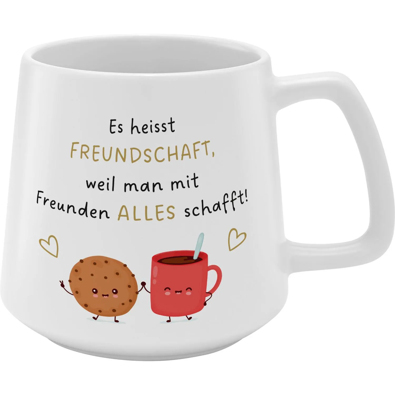 Weiße konische Steinzeug-Tasse mit Keks- und Kaffeebecher-Motiv und Goldschrift