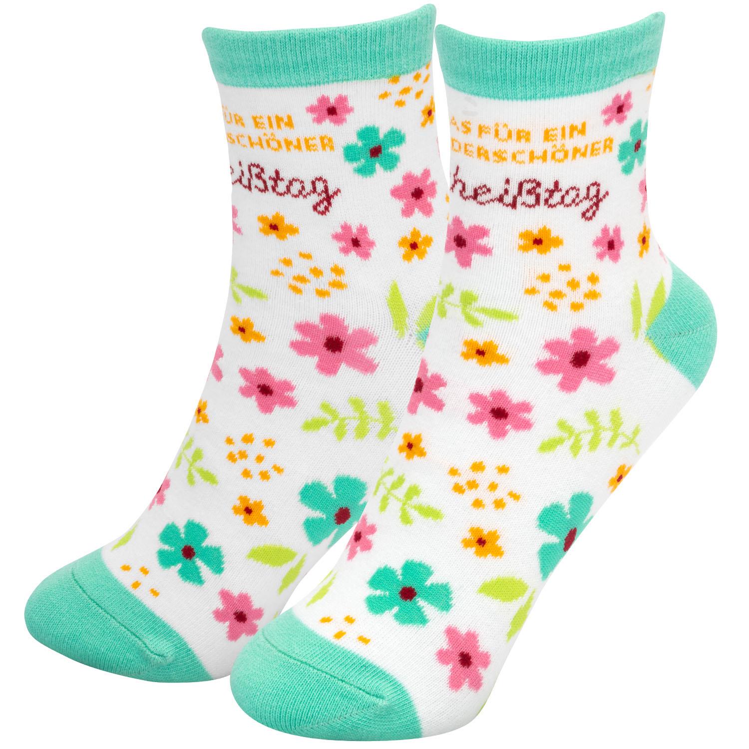 Weiße Socken mit buntem Blumenmuster und mintfarbenen Zehen und Bündchen