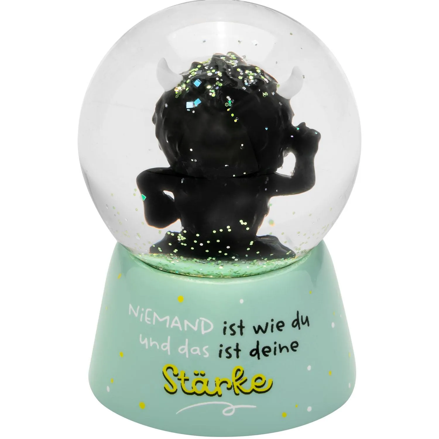 Glaskugel mit schwarzer Monster-Silhouette auf mintgrüner Basis; Glitzer in Türkis, Weiß und Silber.