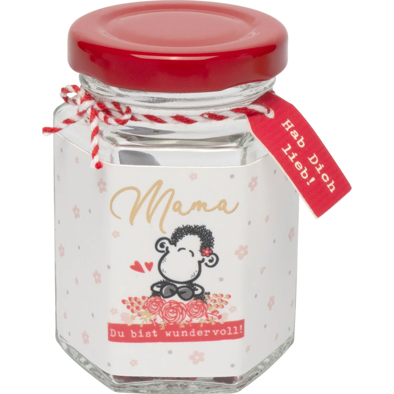 Glas mit rotem Deckel, Mama-Motiv mit Affe und Blumen