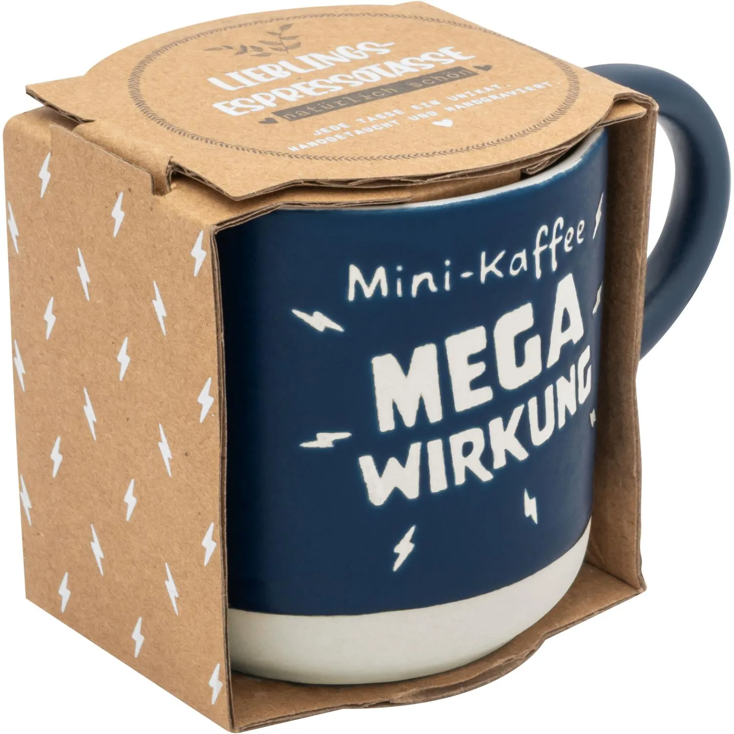 Dunkelblaue Espressotasse mit Weißdruck 'Mega Wirkung' in brauner Verpackung