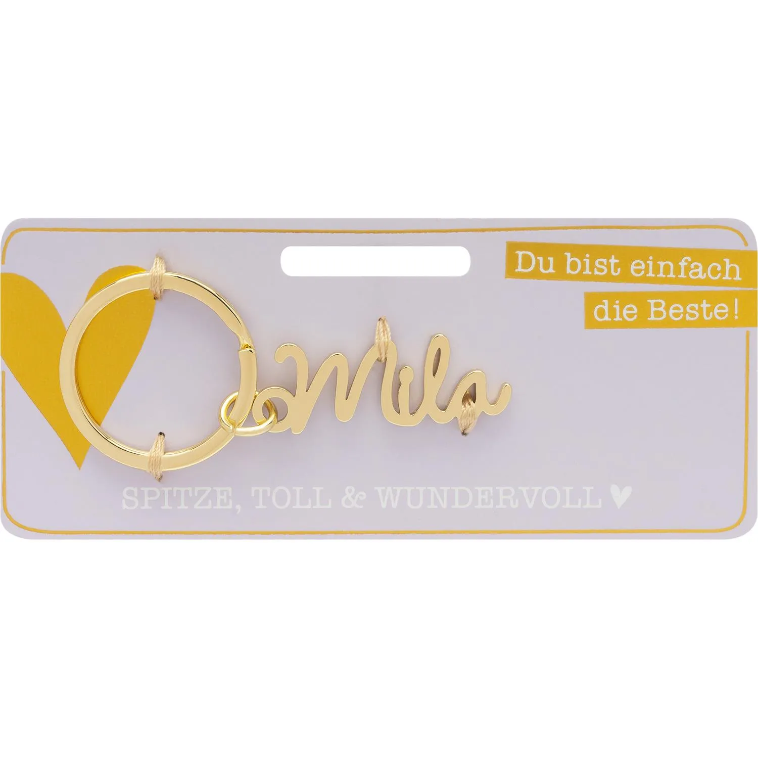 Goldfarbener Namens-Schlüsselanhänger Mila am Ring, auf pastell-lila Verpackungskarte.