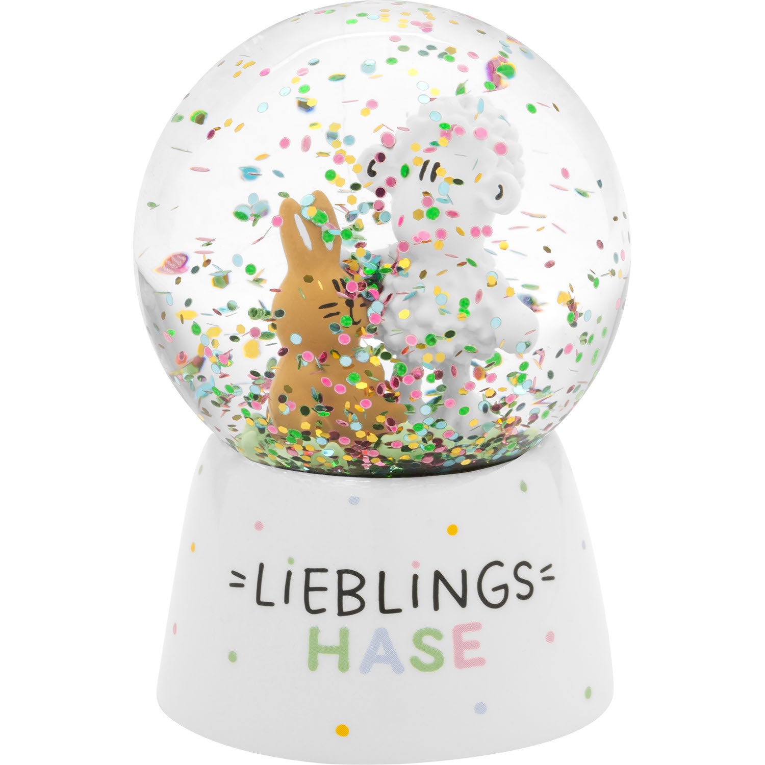 Schneekugel mit Hase und Schaf, bunter Glitter, weiße Basis