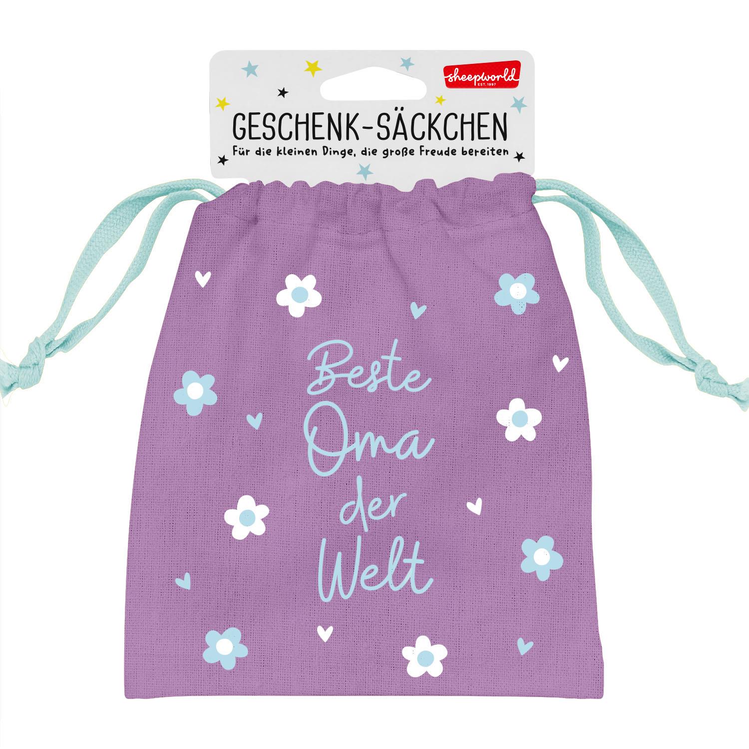 Lila Geschenksäckchen mit Schriftzug 'Beste Oma der Welt' und Blumenmotiv