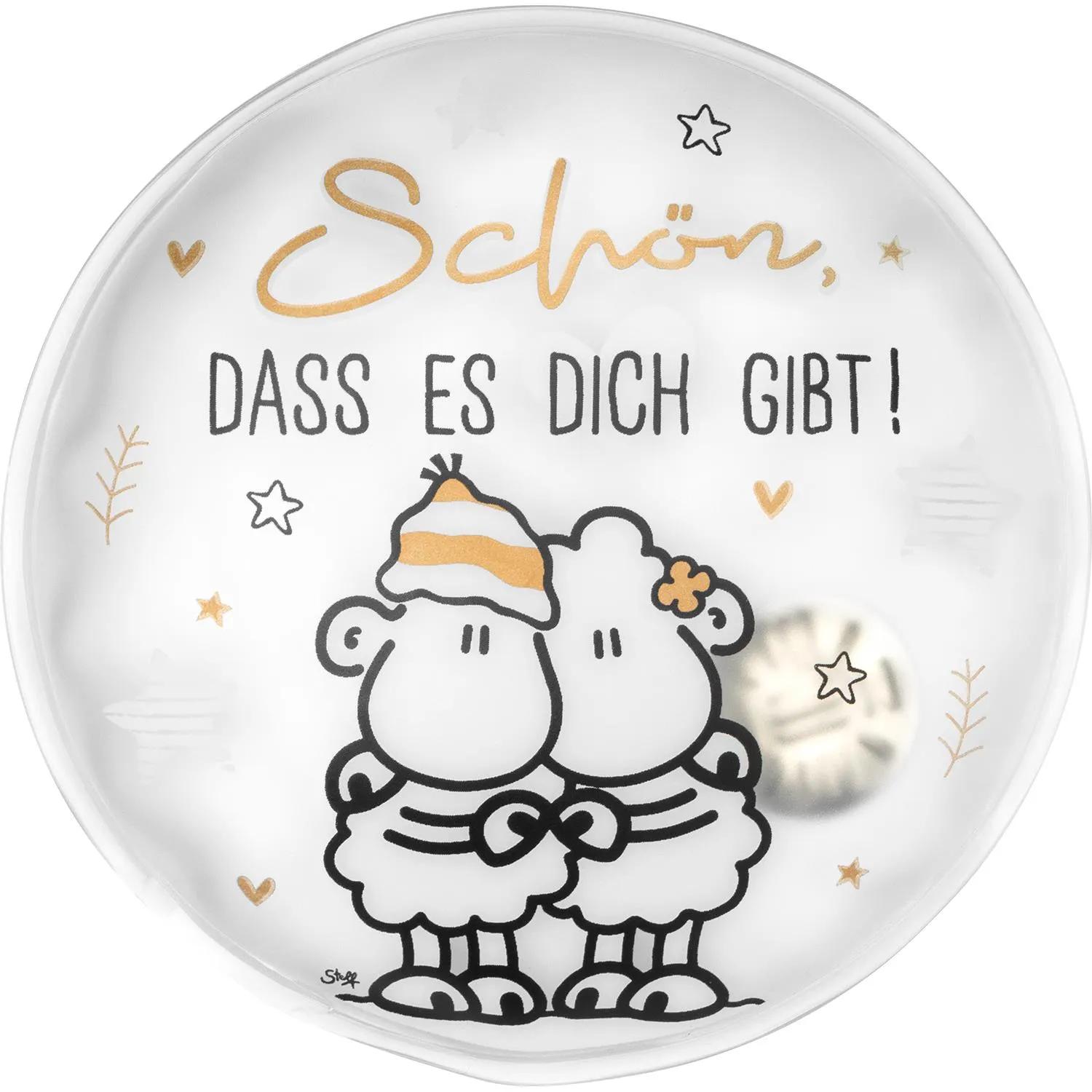 Runder Handwärmer aus Kunststoff mit zwei Schafen und goldenem Schriftzug.