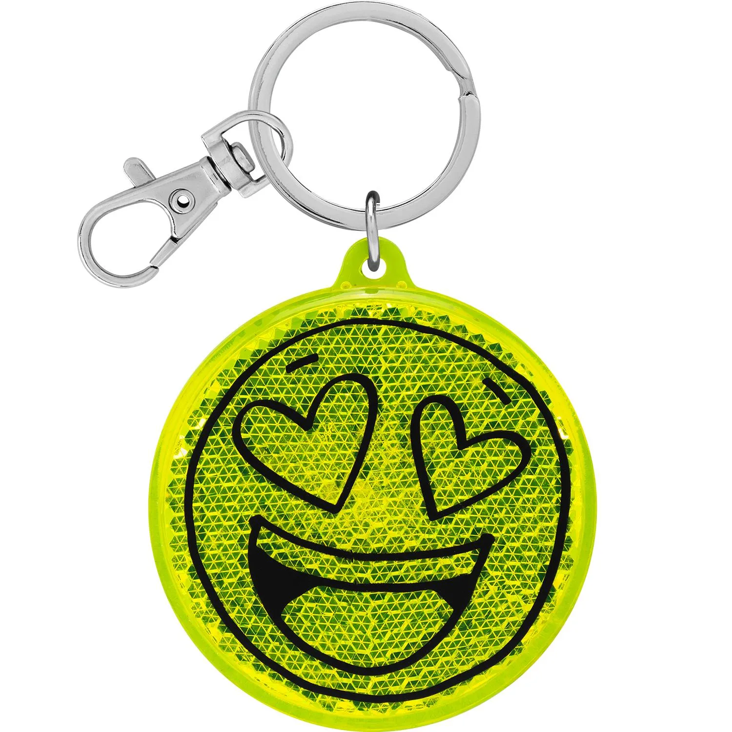 Neon-gelber Reflektor mit Smiley-Motiv, rund, an Schlüsselring