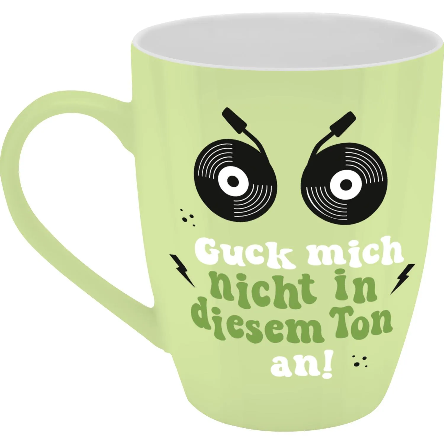 Grüner Becher mit Spruch 'Guck mich nicht in diesem Ton an!' und Augenmotiv, Geschenkbox
