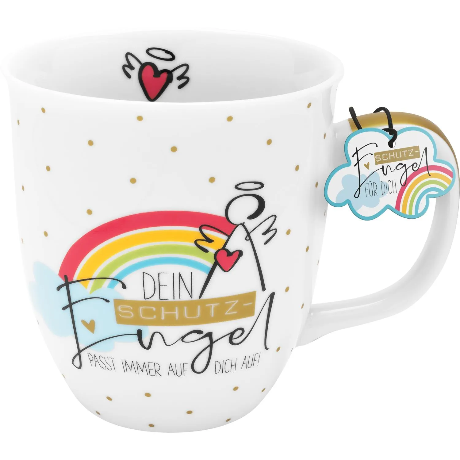 Weiße Porzellan-Tasse mit Schutzengel-Regenbogen und Golddruck
