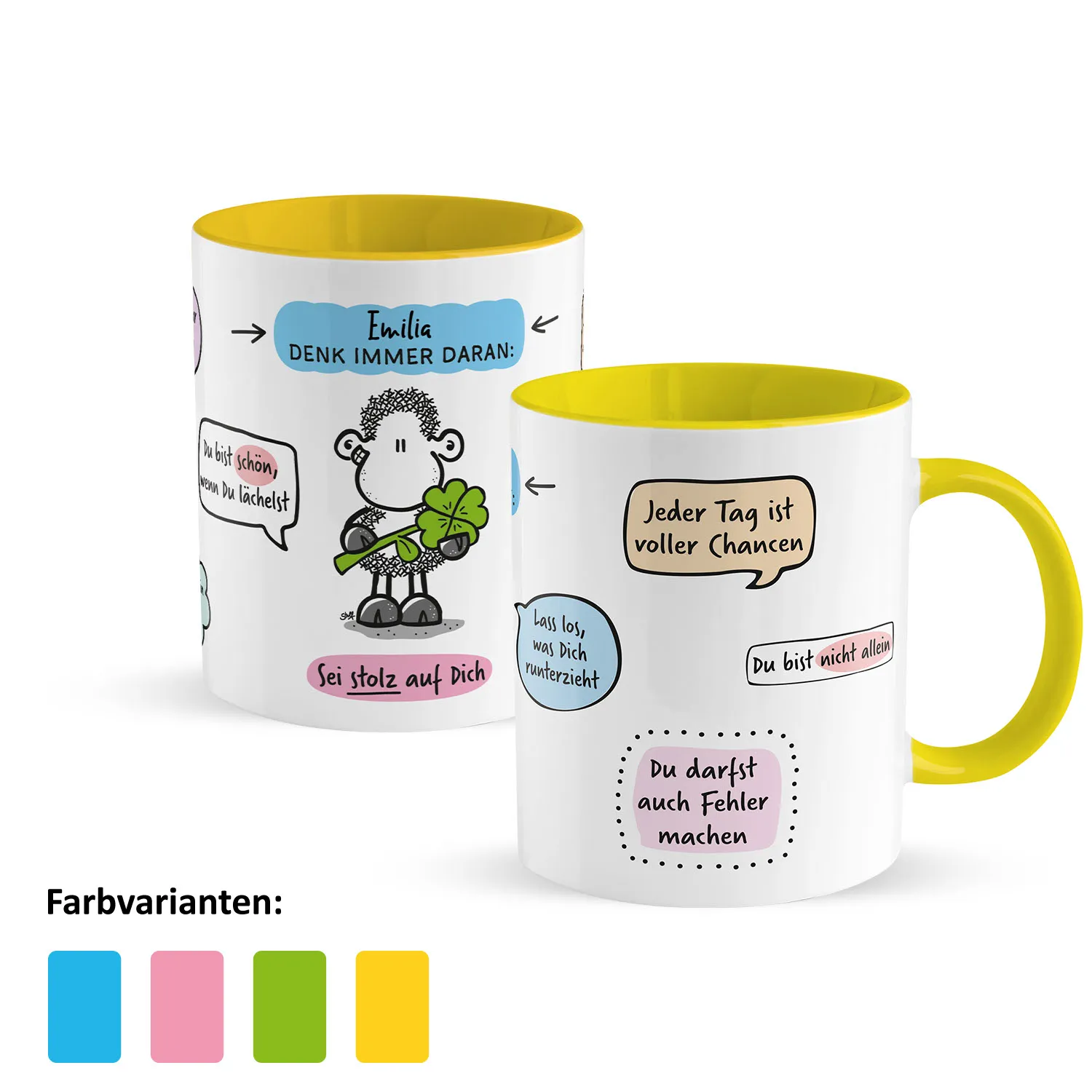 Personalisierbare Porzellan-Tasse mit gelber Innenseite, Schaf-Motiv und Sprüchen – Name frei wählbar