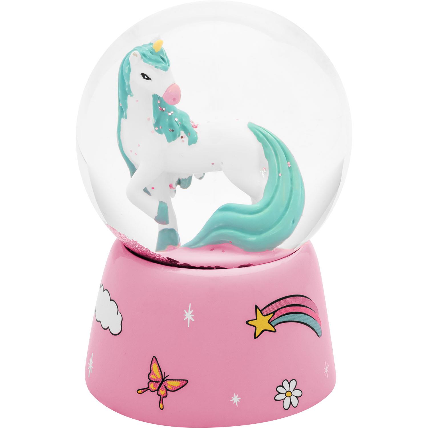 Schneekugel »Einhorn-Zauber« auf pinkem Sockel mit Einhorn-3D-Figur im Glasball, Pastellfarben