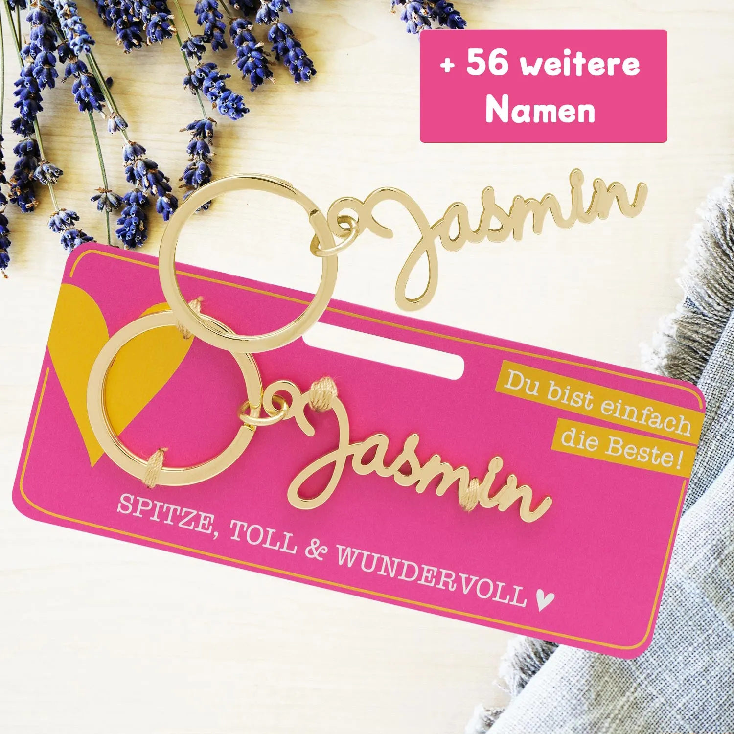 Personalisierter Namens-Schlüsselanhänger Jasmin aus Edelstahl mit goldenem Schriftzug