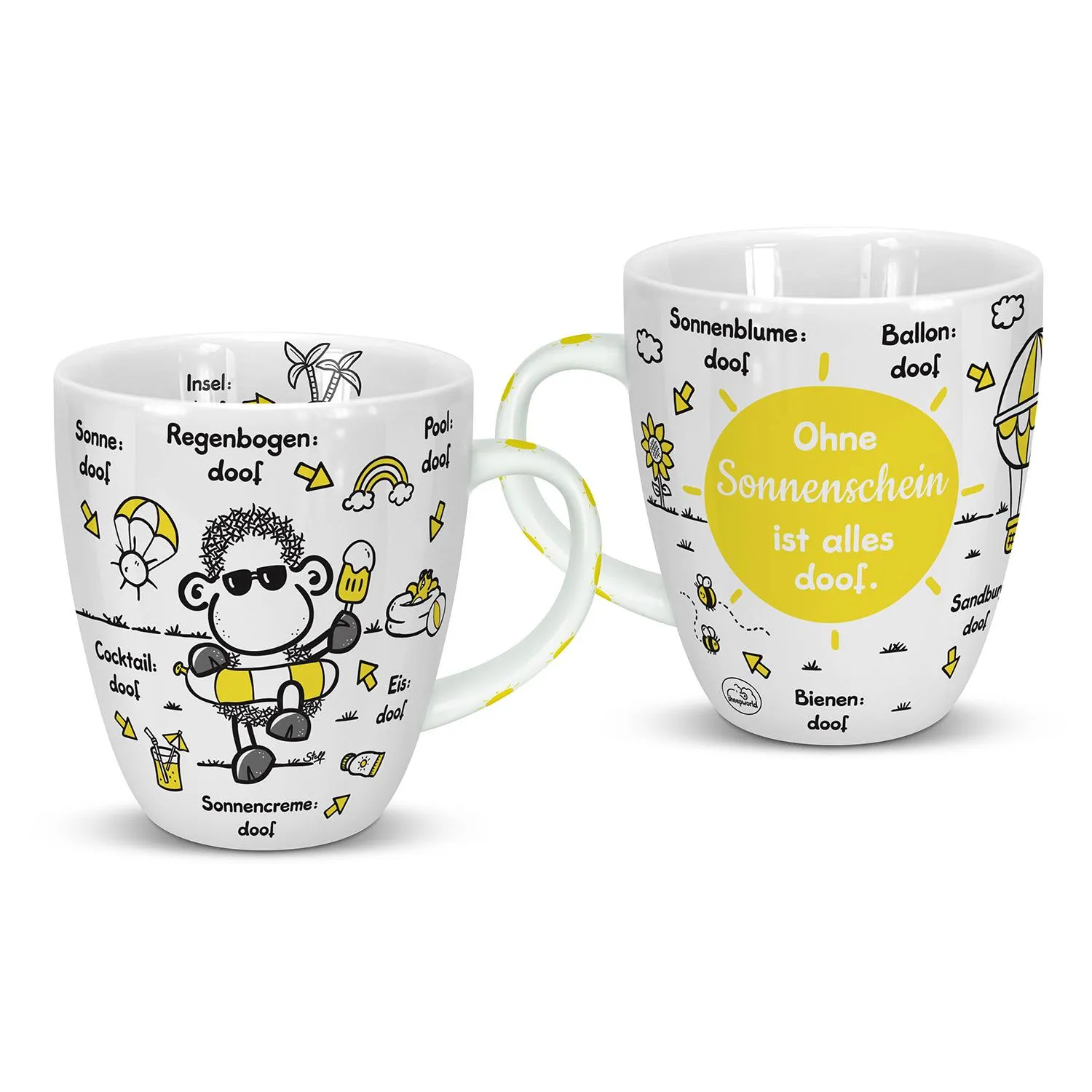 Zwei weiße Porzellan-Tassen mit Schaf-Illustrationen und Gelbakzenten