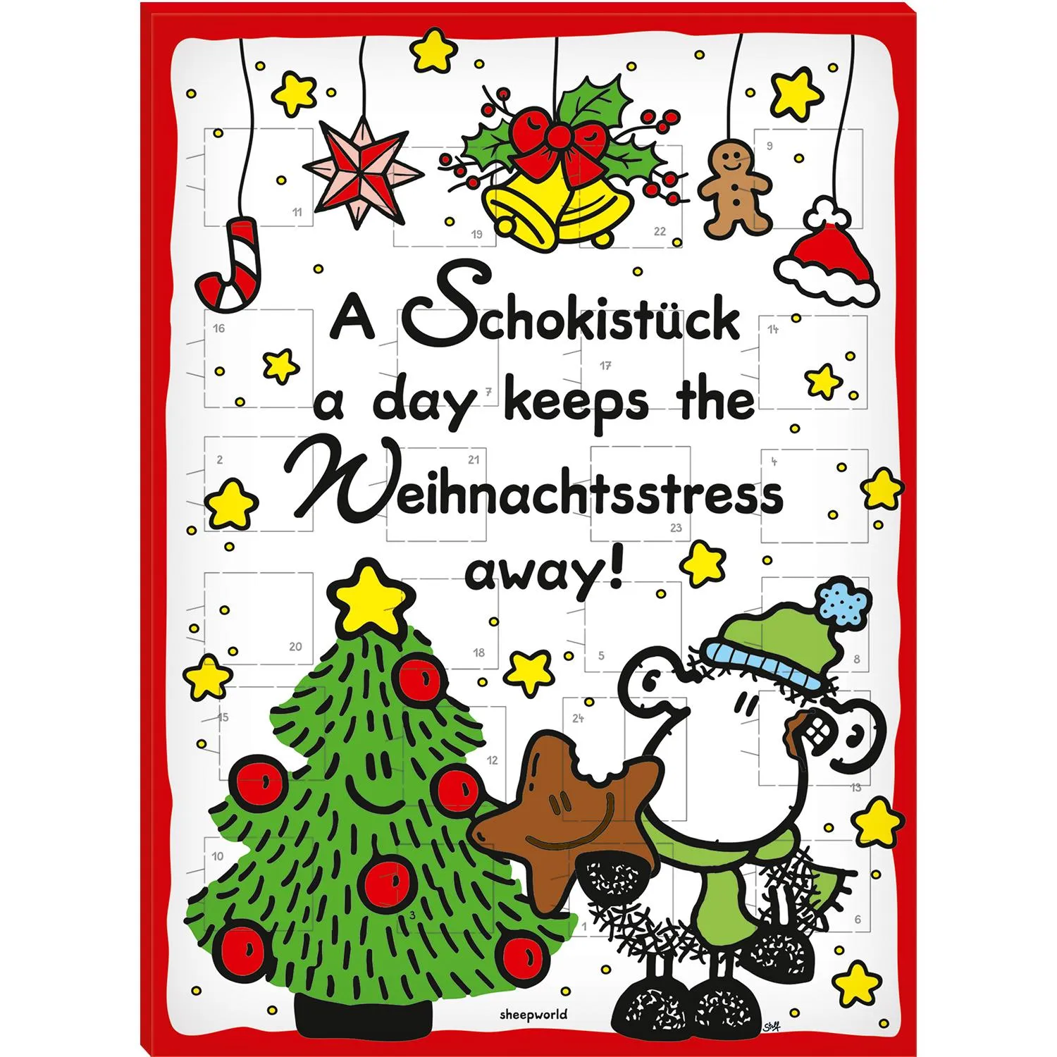 Adventskalender mit Schäfchen-Motiv, rotem Rand und weihnachtlichen Motiven.