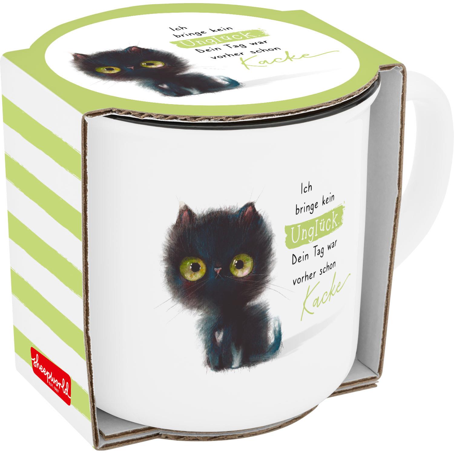 Weiße Porzellan-Tasse mit frecher schwarzer Katze als Motiv.