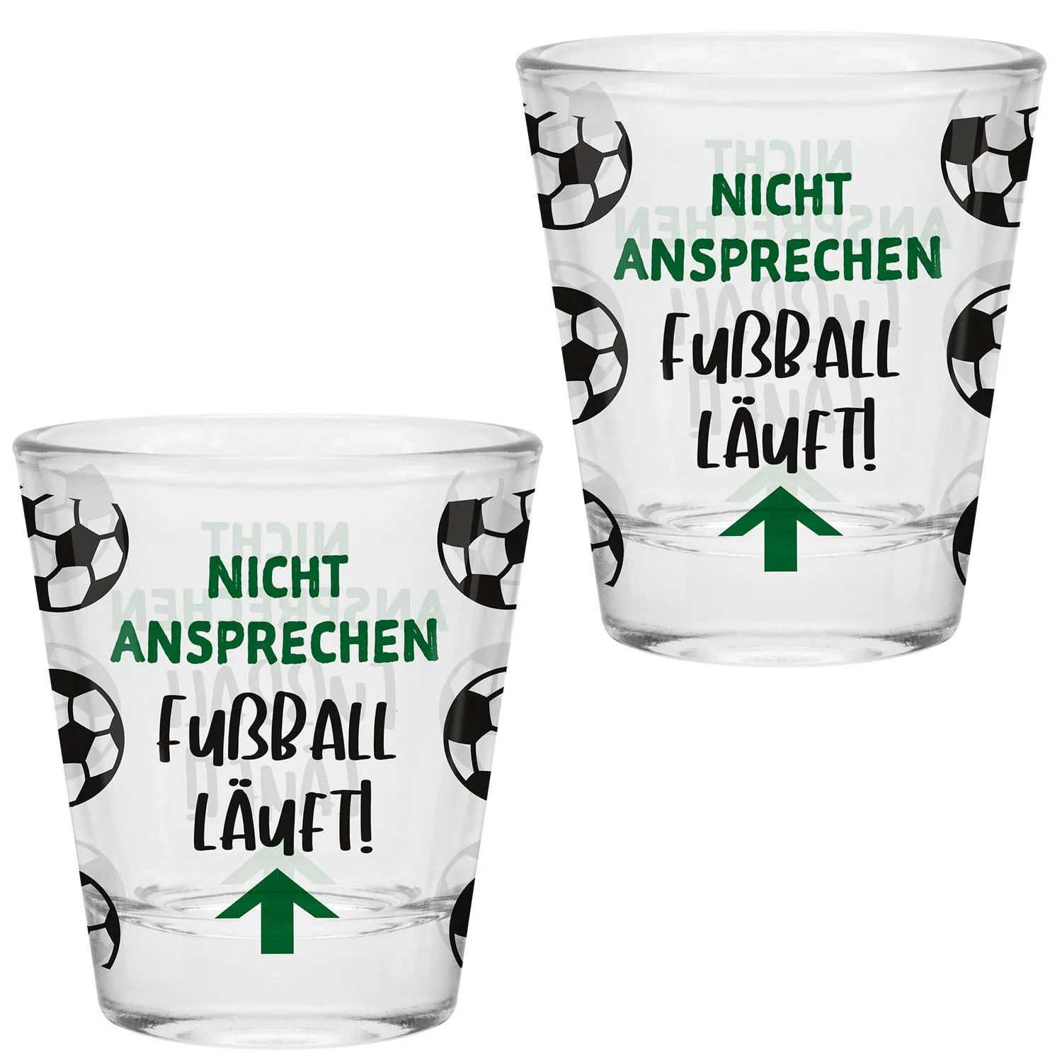 Schnapsglas mit Fußball-Motiv und grünem Spruch