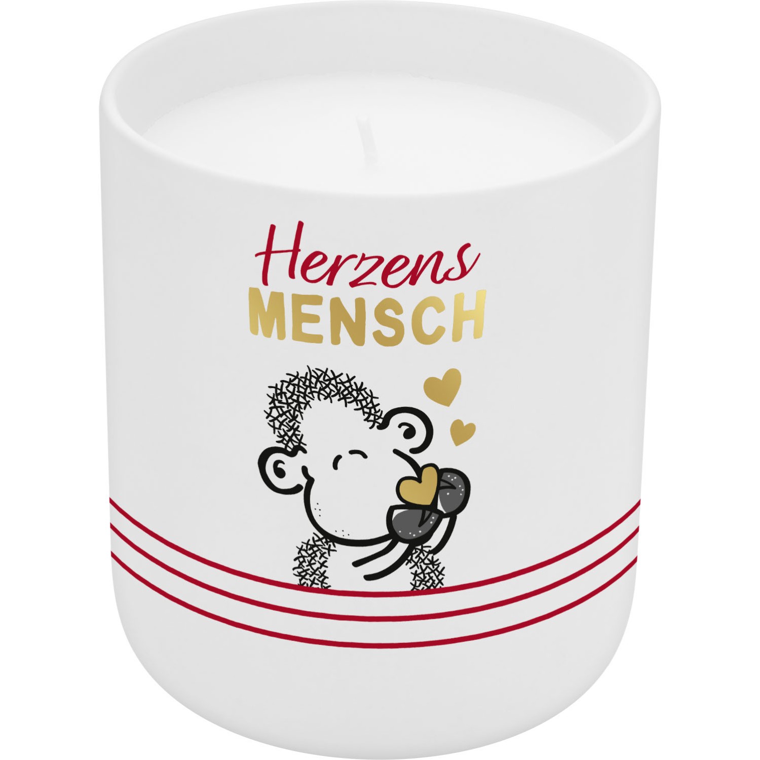 Weiße Kerze im Porzellan-Look mit Schaf-Motiv und goldener Schrift Herzensmensch