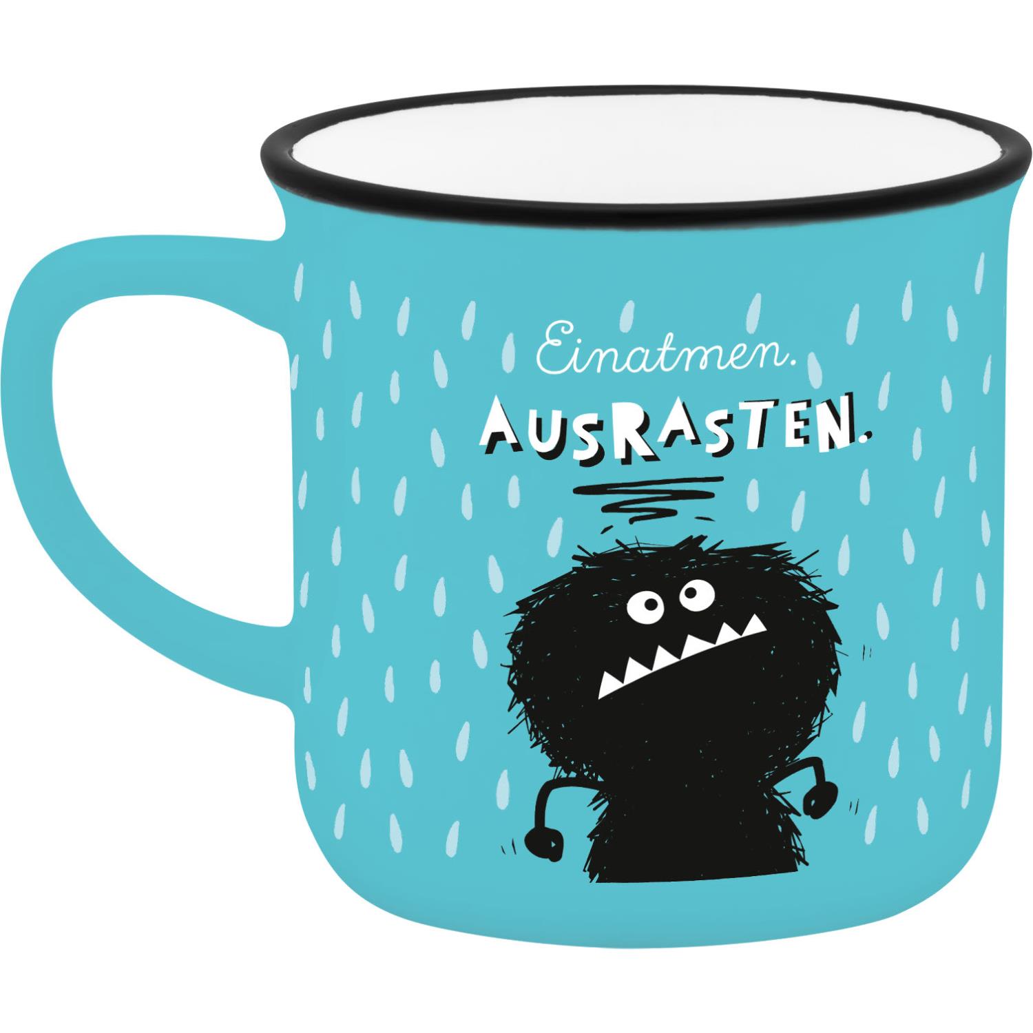 Türkisfarbener Espressobecher mit Monster-Motiv und Schriftzug