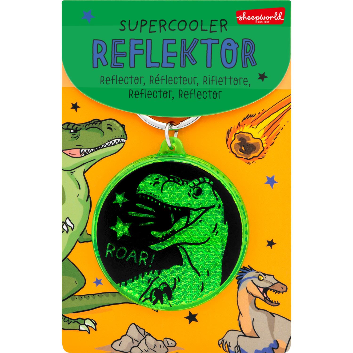 Neon-grüner Dino-Reflektor mit Schlüsselring, Kunststoff/Metall/Papier, 8 cm Durchmesser 5,5 cm