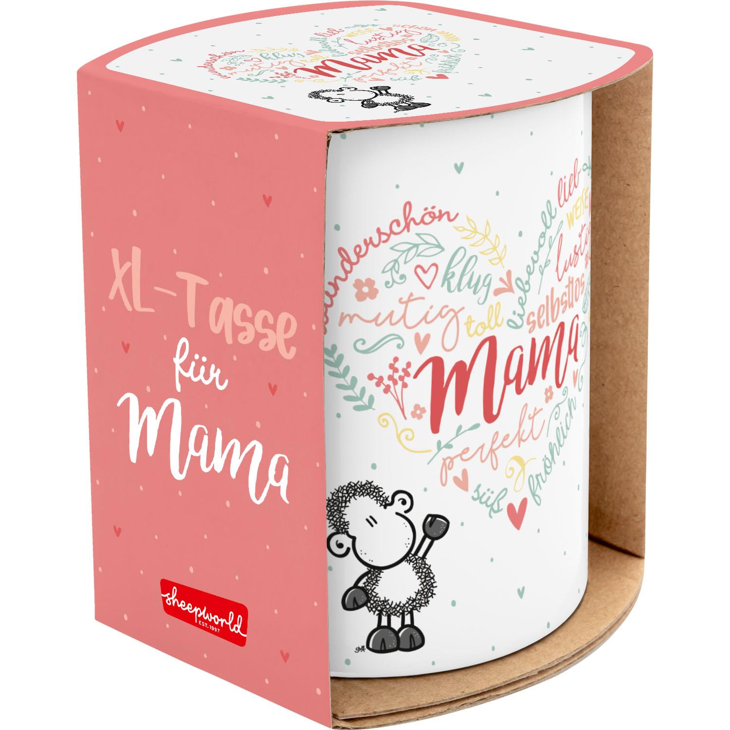 XL-Tasse für Mama mit Schafmotiv, Herzkranz und pastellfarbenem Design