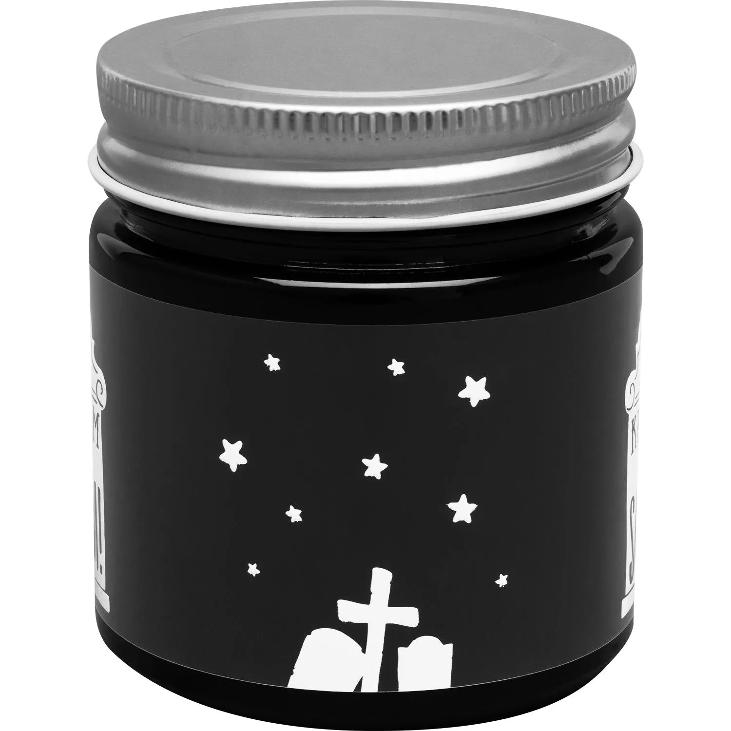 Schwarze Kerze im Glas mit Sternen- und Grabstein-Motiv, Metalldeckel