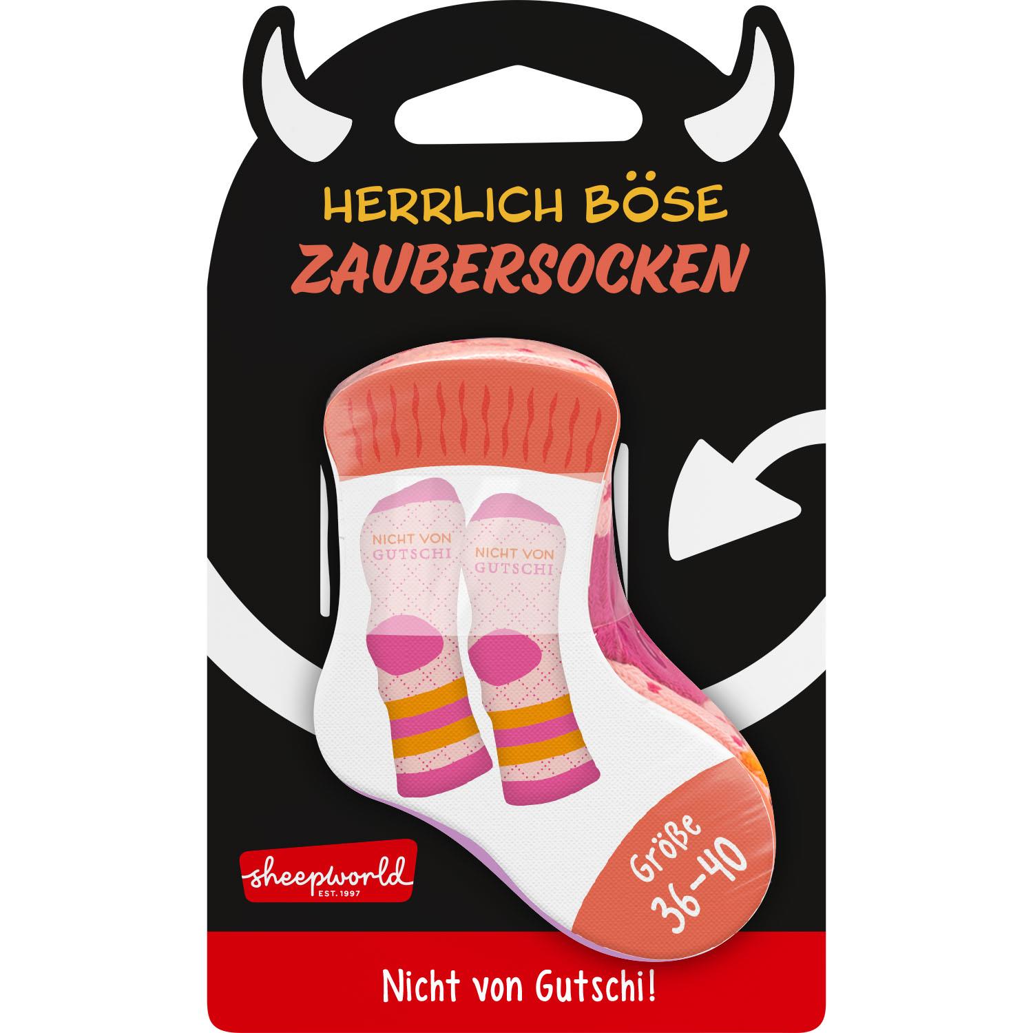 Freche Zaubersocken »Gutschi« mit bunten Streifen und dem Spruch 'Nicht von Gutschi' – bequem und witzig.