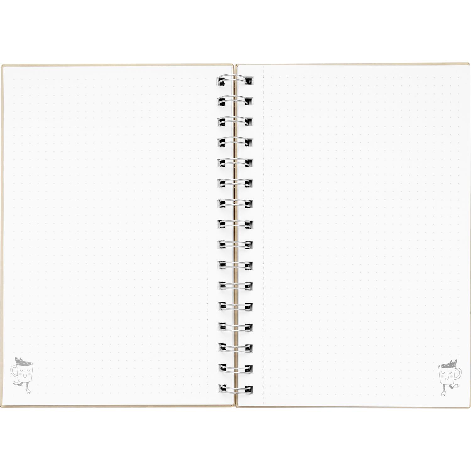 Aufgeschlagenes Notizbuch mit Punkteraster und Spiralbindung.