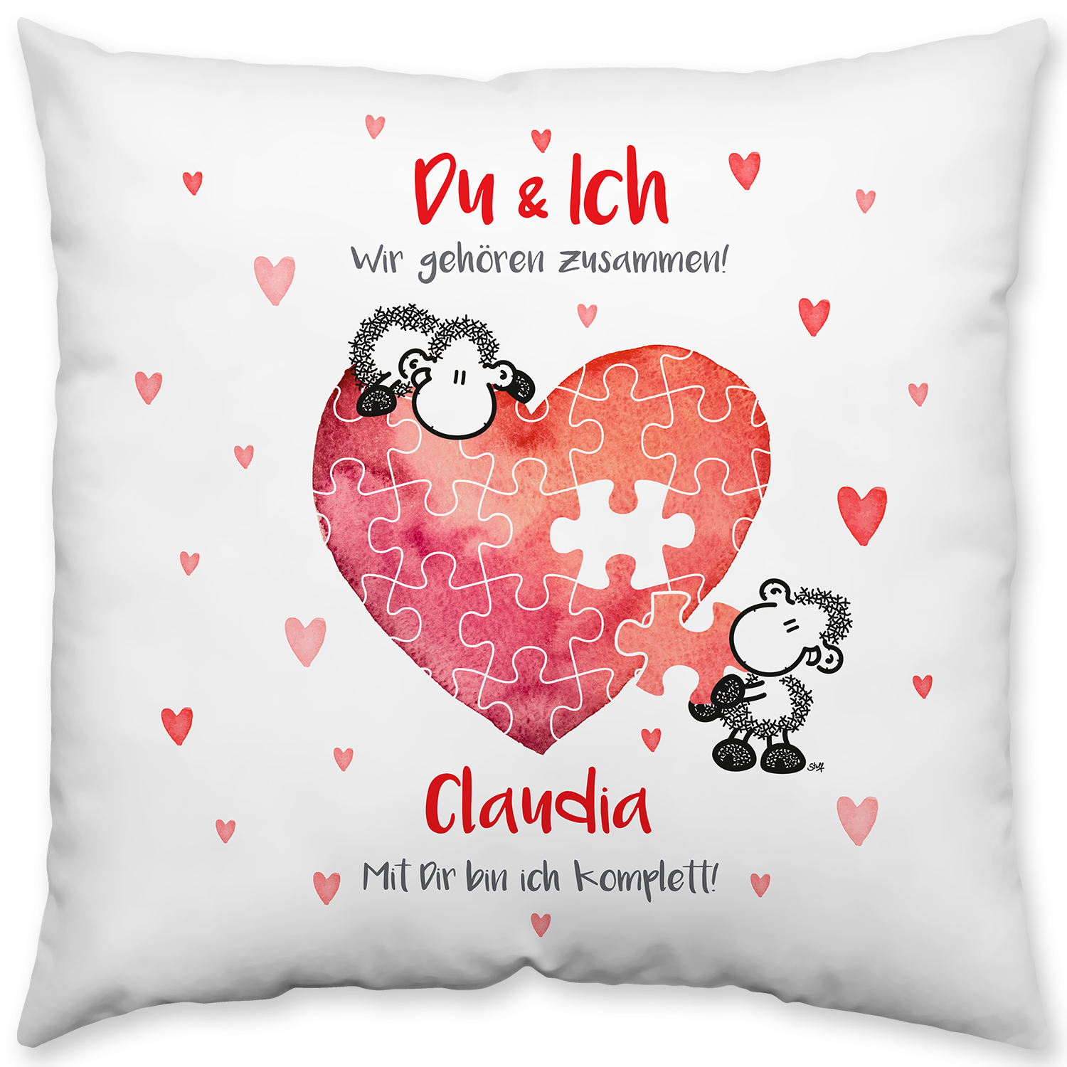 Personalisierte Kissenhülle mit Puzzle-Herz und Schäfchen, Namensdruck Claudia, Valentinstag Geschenk