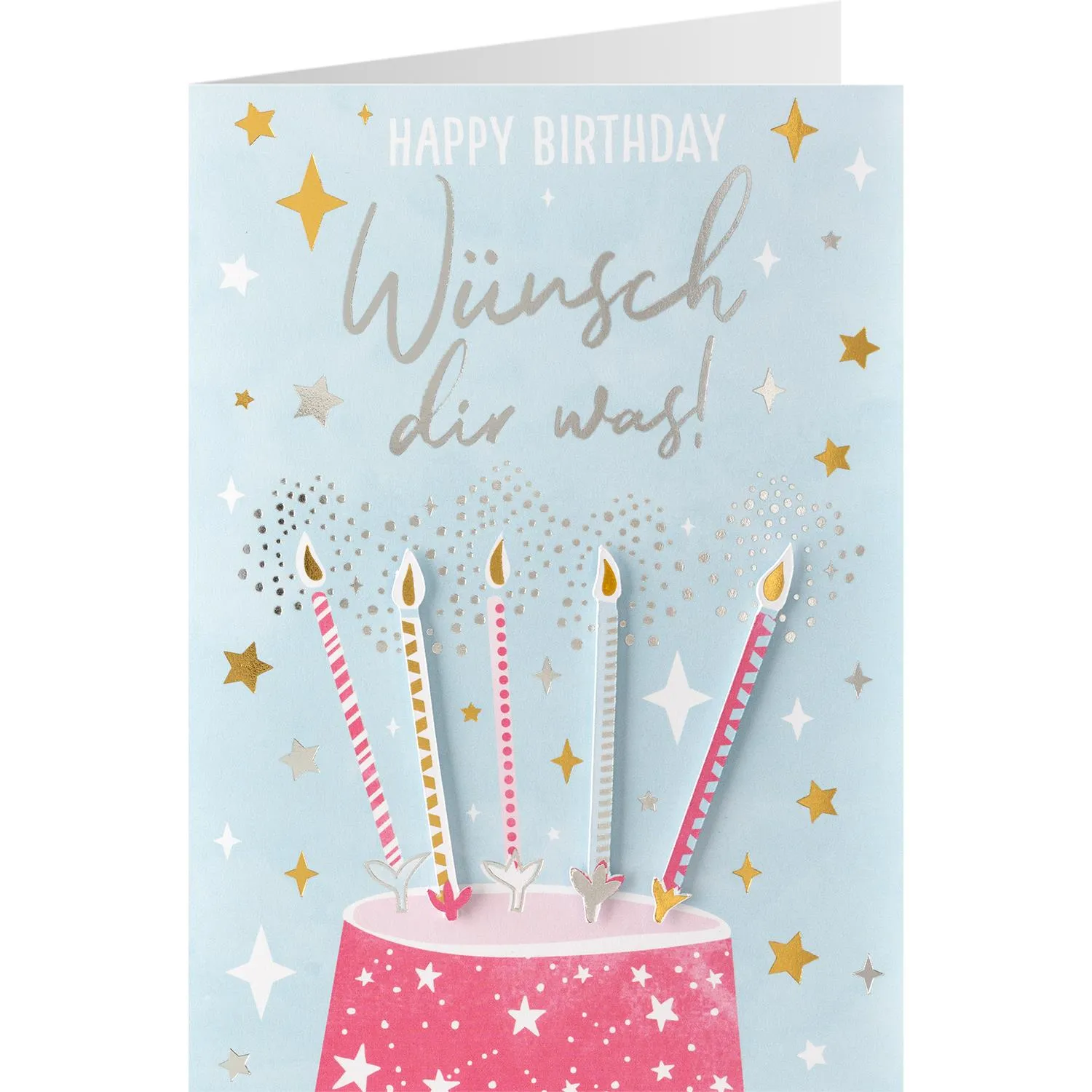 Pastellblaue Geburtstagskarte mit pinkem Kuchen und fünf Kerzen