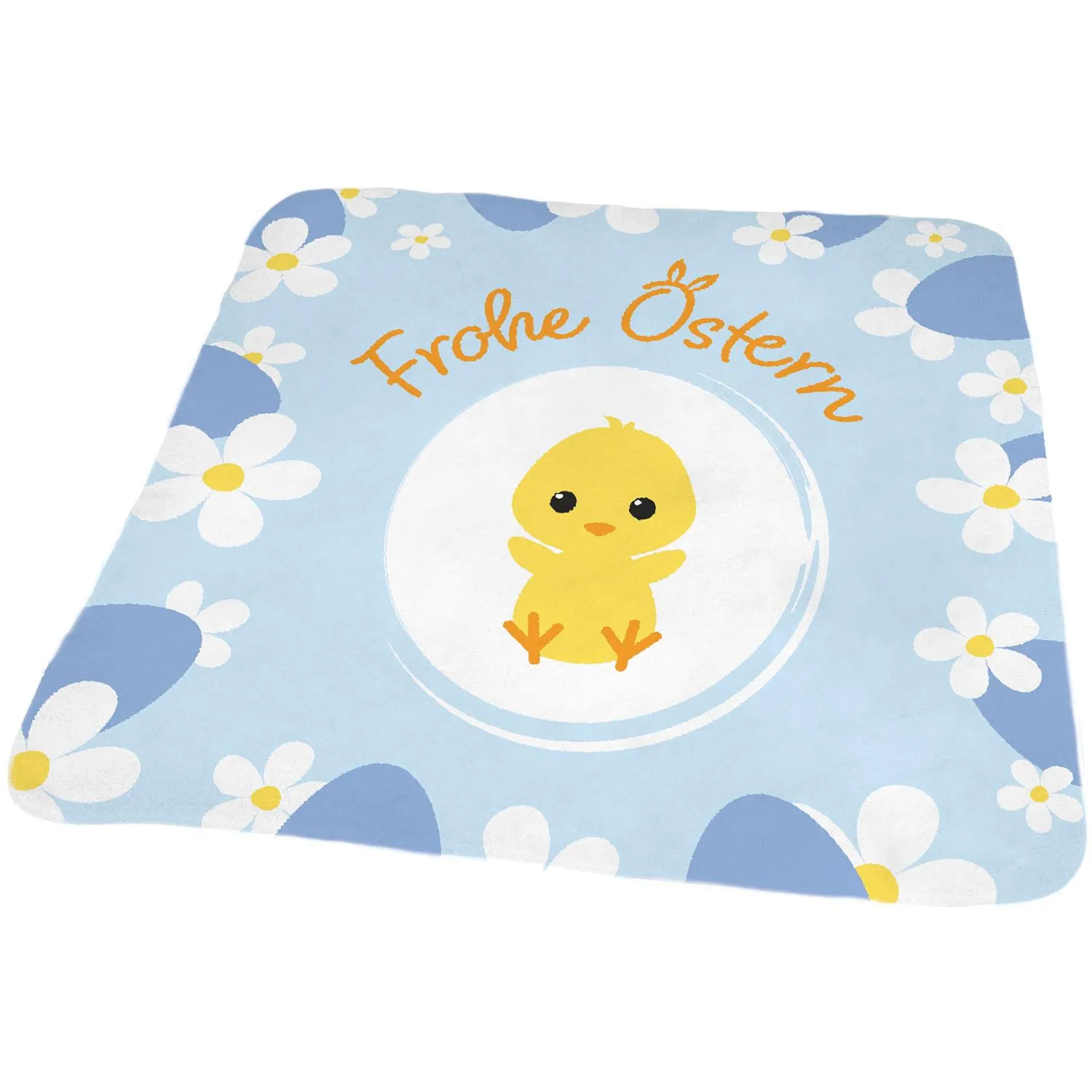 Zauberhandtuch Frohe Ostern mit süßem Entchen-Motiv auf hellblauem Hintergrund