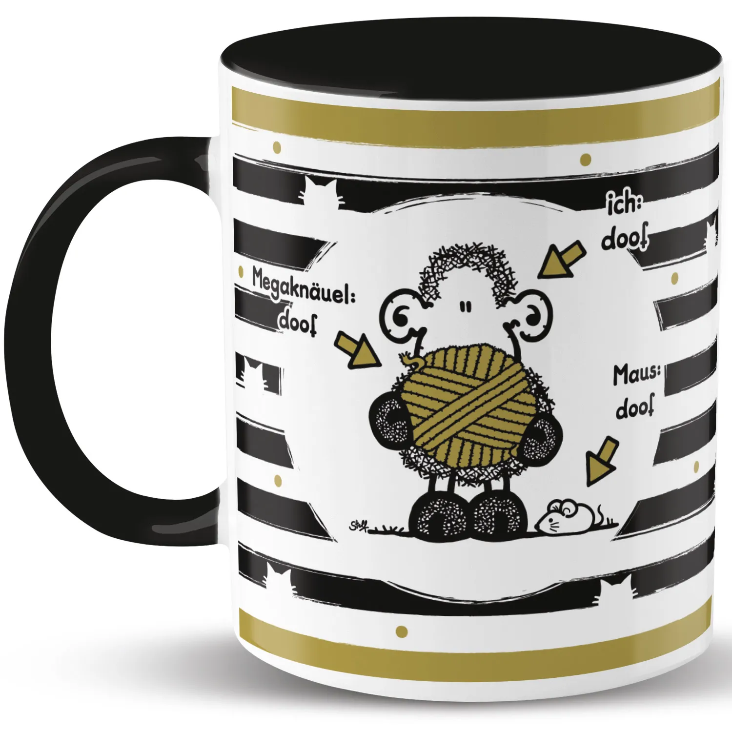 Weiße Porzellan-Tasse mit Schaf-Motiv, Garnknäuel, Schwarz-Weiß-Streifen und Goldakzenten