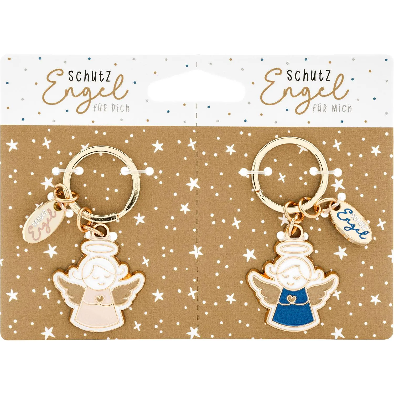 Schlüsselanhänger-Set Engel mit zwei Anhängern in Rosé und Blau, an Goldringen, in Geschenkbox.