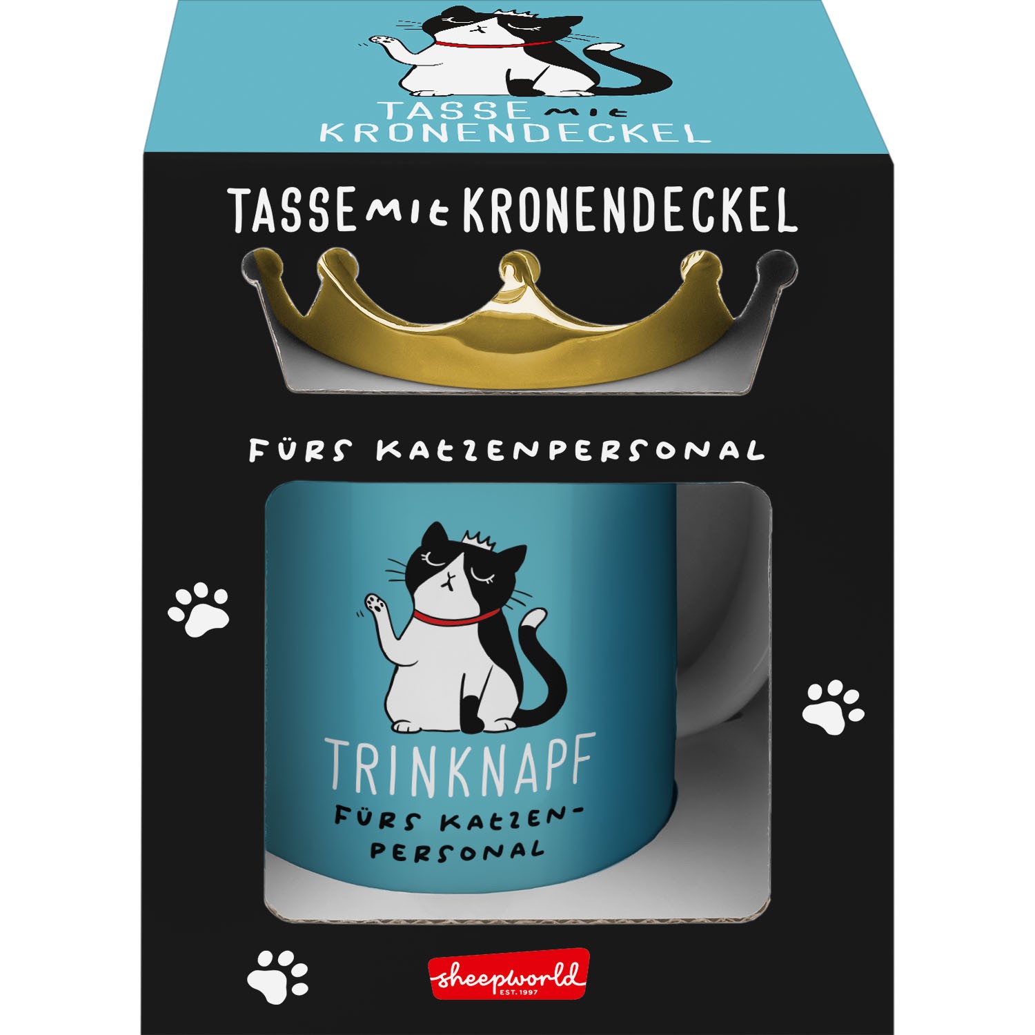 Porzellan-Tasse mit Kronendeckel »Trinknapf fürs Katzenpersonal«, türkisfarbene Katze, 35 cl.