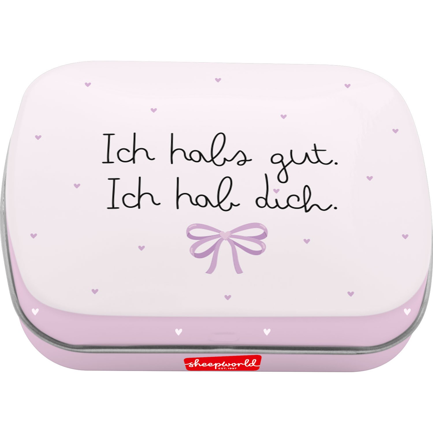 Mintdose aus Metall in Pastellrosa mit Herzen und Schleife, enthält vegane Pfefferminzpastillen.
