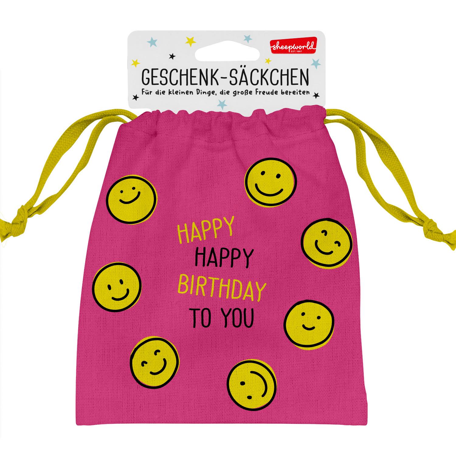 Rosa Geschenksäckchen mit gelben Smileys und Zugband – ideal für Geldgeschenke zum Geburtstag