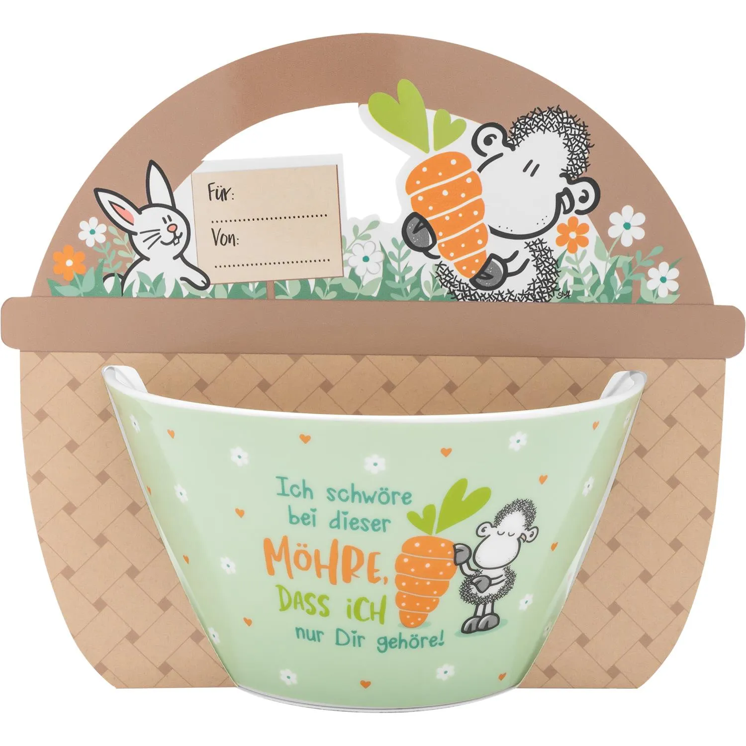 Pastellgrüne Osterschale aus New Bone China mit Schaf- und Möhren-Motiv, 60 cl, spülmaschinengeeignet.